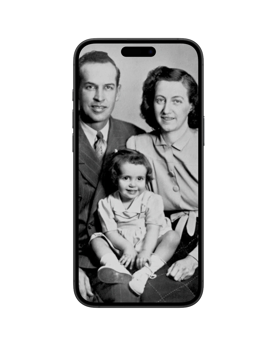 ColouriseAI iPhone app showing vintage family photo